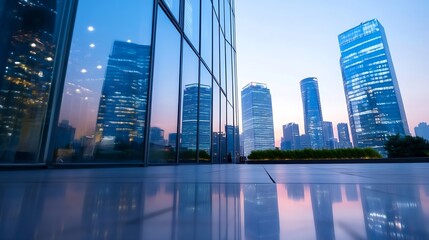 Aufkleber - Stunning view of modern skyscrapers reflecting in glass facade at sunset in a vibrant city skyline : Generative AI