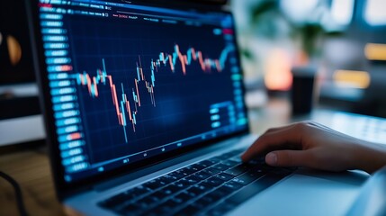 Aufkleber - Close up of laptop screen displaying financial market trends and vibrant stock charts with focused hand : Generative AI