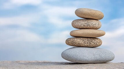 Fototapete - Stack of Smooth Pebbles on a Natural Surface Against a Blue Sky Representing Balance and Serenity : Generative AI