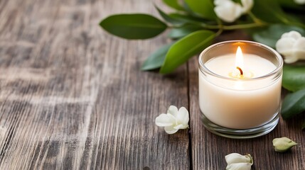 Poster - Aromatic White Candle with Fresh Green Leaves on Rustic Wooden Surface : Generative AI