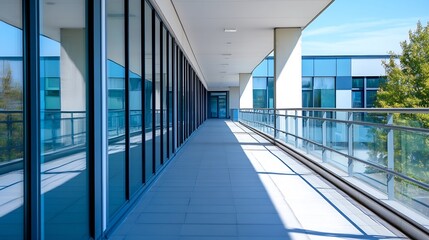 Aufkleber - Modern Architectural Design of a Bright Corridor with Large Windows and Glass Balustrade : Generative AI