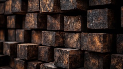 Poster - Close up of rustic wooden blocks stacked together showcasing natural texture and warmth : Generative AI