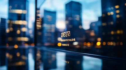 Poster - Modern cityscape captured at twilight featuring blurred reflections and glowing lights through the glass : Generative AI