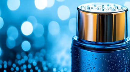 Wall Mural - Close-up of a sleek blue cosmetic bottle with droplets, set against a shimmering blue background