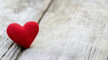 Poster - Charming closeup of a soft red heart made from fabric resting on weathered wooden surface : Generative AI