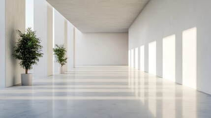 Poster - Minimalistic interior design featuring bright empty space with plants casting shadows on pristine white walls : Generative AI