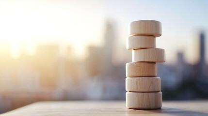 Poster - Stack of wooden blocks with soft sunlight and blurred city background showcasing simplicity and balance : Generative AI