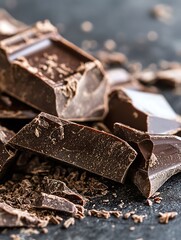Aufkleber - Close up of rich dark chocolate broken into pieces against a textured background : Generative AI