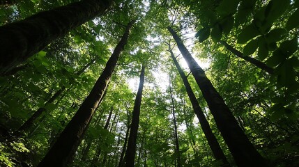 Fototapete - Tall Trees in a Dense Forest Capturing Sunlight Through Leaves Creating a Lush Atmosphere : Generative AI