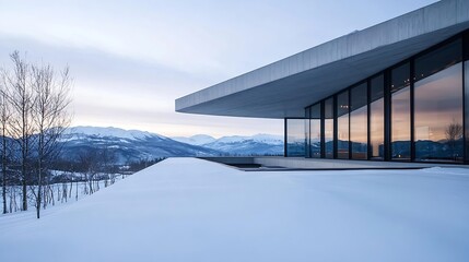 Aufkleber - Modern Architectural Design of a House with Snowy Landscape and Mountain View : Generative AI