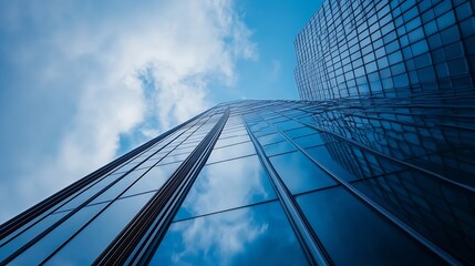 Aufkleber - Impressive low angle view of modern skyscrapers reflecting clouds in a bright blue sky : Generative AI