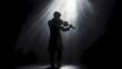 © Thiago - Shadowy performer on stage, with only their silhouette visible to the audience, generative ai. Haunted Violinist in the Shadows. Illustration