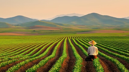 Poster - Farmer in Vast Green Field with Rows of Crops and Mountains