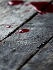 Poster - Rich crimson liquid droplets on rustic wooden planks creating a dramatic and moody aesthetic : Generative AI