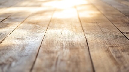 Fototapete - Warm sunlight illuminating a rustic wooden floor showcasing natural textures and a cozy atmosphere : Generative AI