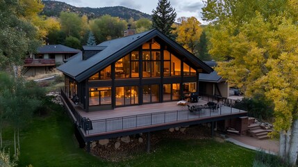 Aufkleber - Modern architectural design of a luxurious house featuring a large deck surrounded by trees and mountains : Generative AI