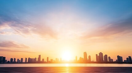 Aufkleber - Stunning sunset skyline view of city silhouette against colorful sky during dusk : Generative AI