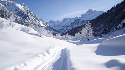 Aufkleber - Glorious winter landscape showcasing untouched snow drifts and majestic mountains under a bright blue sky : Generative AI