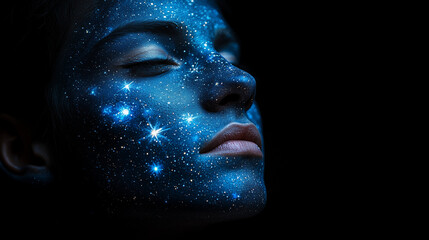 woman face covered in blue cosmic makeup with glowing stars pattern creating ethereal galaxy effect 