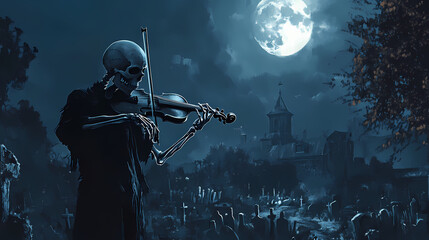 Wall Mural - skeleton violinist graveyard