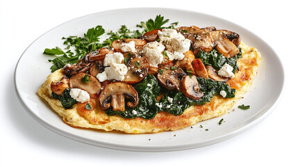 Wall Mural - Omelette with spinach, mushrooms, and feta on a white plate isolated on white background.