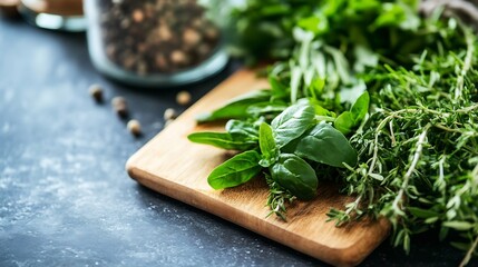 Poster - Fresh green herbs on a wooden board with spices creating a vibrant kitchen scene : Generative AI
