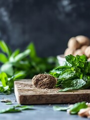 Poster - Fresh Green Spinach Leaves and Ground Seeds on a Wooden Cutting Board : Generative AI