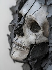 Aufkleber - Closeup of a unique artistic representation of a skull made from cracked black materials : Generative AI