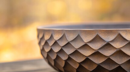 Wall Mural - Close-up of a textured ceramic bowl with a scaly design, set against a blurred autumn background