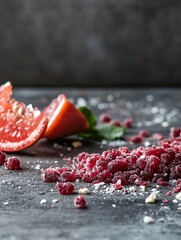 Poster - Artistic arrangement of fresh grapefruit and crushed berries on a textured dark background : Generative AI