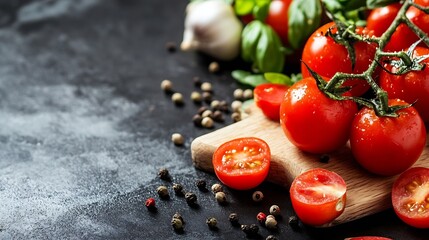 Poster - Fresh red tomatoes and herbs arranged on a wooden board ready for cooking : Generative AI