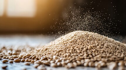Poster - Close up of scattered grains and particles of brown sand creating a dynamic texture and visual interest : Generative AI