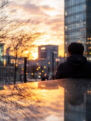 Leinwandbilder - Man enjoying a serene sunset reflection in an urban environment during golden hour : Generative AI