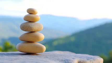Leinwandbilder - Calming stacked stones symbolizing tranquility and balance set against a picturesque mountain backdrop : Generative AI