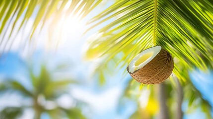 Wall Mural - Fresh coconut hanging from palm tree against vibrant blue sky infused with soft sunlight : Generative AI