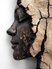 Poster - Artistic representation of a cracked face sculpture blending human and nature elements : Generative AI