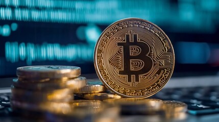 Aufkleber - Golden Bitcoin coins stacked on a laptop reflecting the rise of cryptocurrency in digital finance : Generative AI