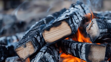 Aufkleber - Closeup of burning firewood logs with bright flames and smoke creating a cozy atmosphere : Generative AI