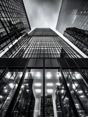 Leinwandbilder - Dramatic black and white photo of tall modern skyscrapers reflecting the cloudy sky above : Generative AI