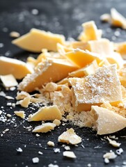 Poster - Delicious broken white chocolate pieces scattered on a dark surface : Generative AI