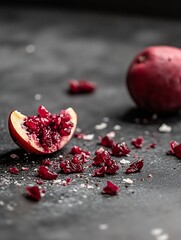 Poster - Artistic closeup of a fresh red apple with chunks and crumbs creating a visually appealing composition : Generative AI