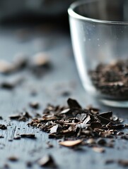 Poster - Closeup of chocolate shavings spilled around a glass showcasing the rich texture and indulgent appeal of dessert : Generative AI