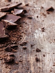 Aufkleber - An artistic arrangement of broken chocolate pieces scattered on a rustic wooden surface : Generative AI