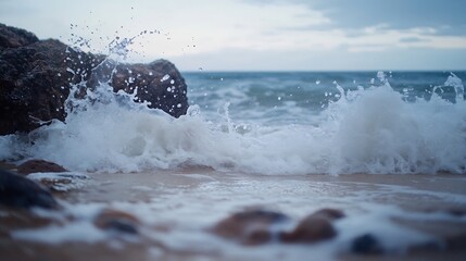 Leinwandbilder - Dynamic closeup view of ocean waves crashing against rocks creating a refreshing splash effect : Generative AI
