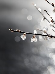 Poster - Delicate branches adorned with sparkling water droplets on flower buds against a soft sparkling background : Generative AI