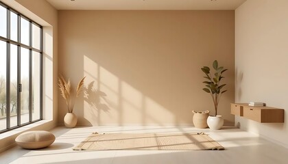 Wall Mural - Minimalist interior design with natural decor, plants, and soft light in a modern neutral-toned room