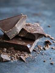 Aufkleber - Delicious rich dark chocolate bars stacked on a textured surface with chocolate shavings creating an inviting scene : Generative AI
