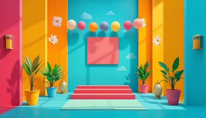 Wall Mural - Colorful Background with Decorative Balloons and Plants for Creative Display or Photo Shoot Setup