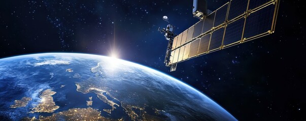 Wall Mural - satellite orbiting earth during sunrise over europe in space