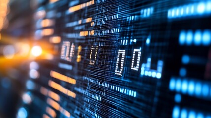 Leinwandbilder - Closeup of complex digital data on a screen with bright glowing elements and technology theme : Generative AI